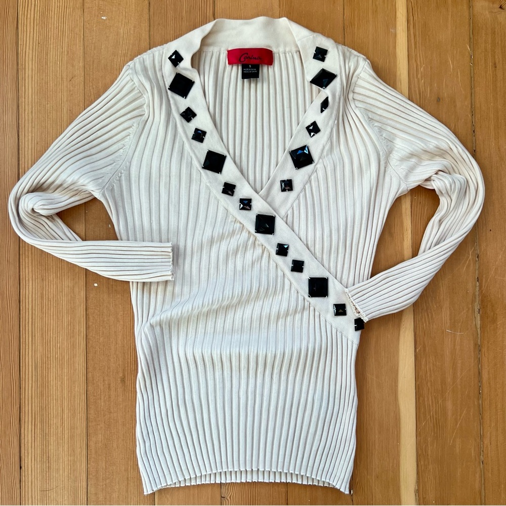 Vintage 80s silk blend bead embellished top S